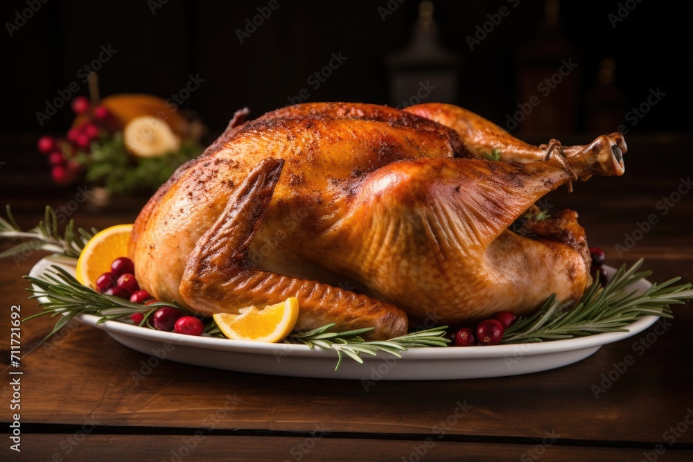 Delicious turkey with pomegranate and oranges on a plate Delicious turkey with pomegranate and oranges on a plate