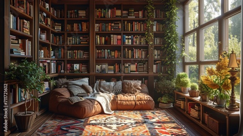 A cozy reading nook bathed in warm sunlight, nestled between floor-to-ceiling bookshelves, adorned with vintage leather-bound books and plush seating for the perfect escape.