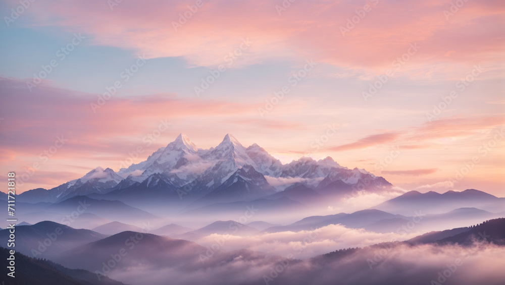 Landscape illustration of a beautiful mountain surrounded by foggy clouds, Golden Hour, Mount Everest
