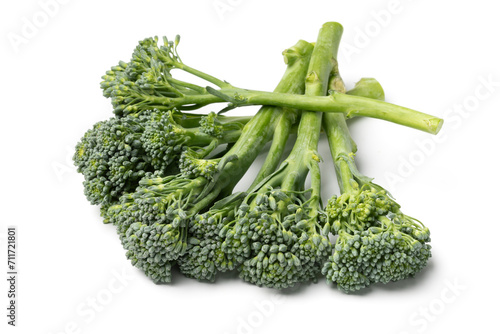 Fresh raw green bimi, broccolini, close up isolated on white background