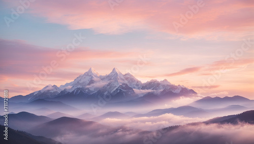 Landscape illustration of a beautiful mountain surrounded by foggy clouds, Golden Hour, Mount Everest © Jacks Studio