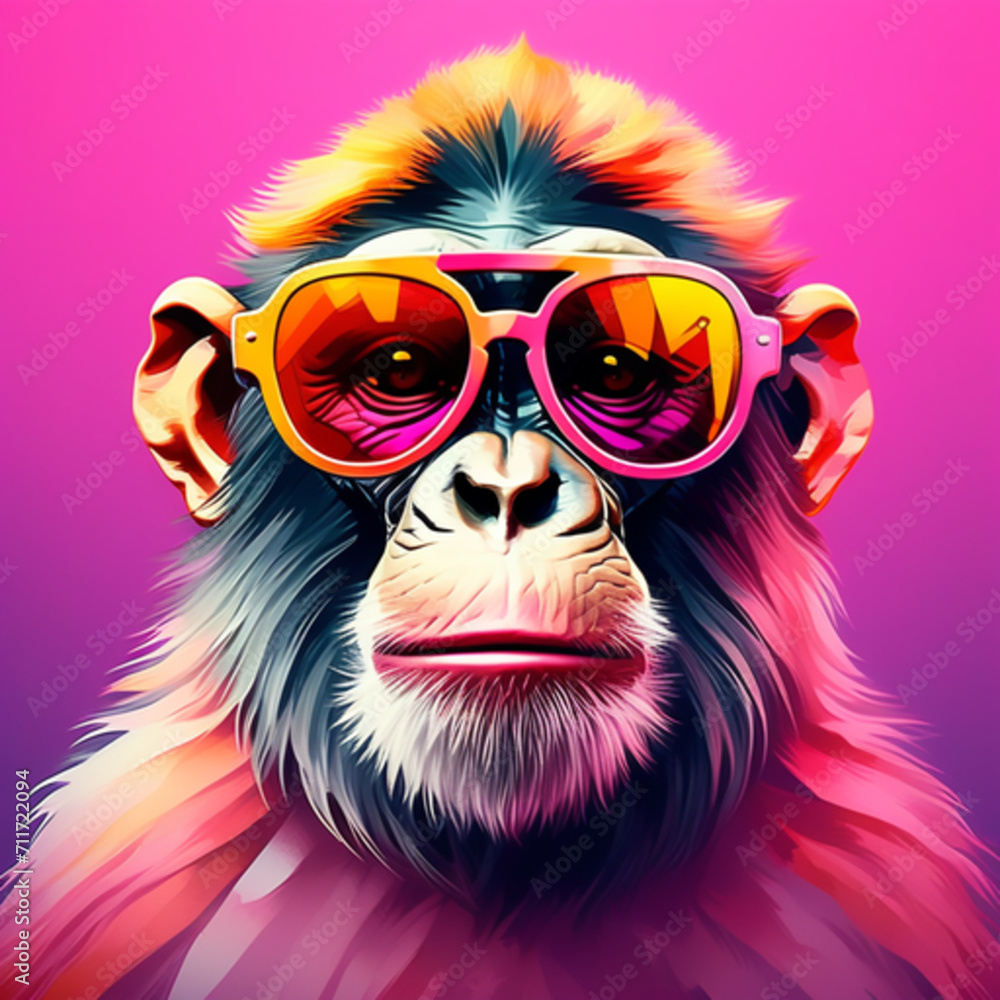 Monkey in sunglasses on pink background