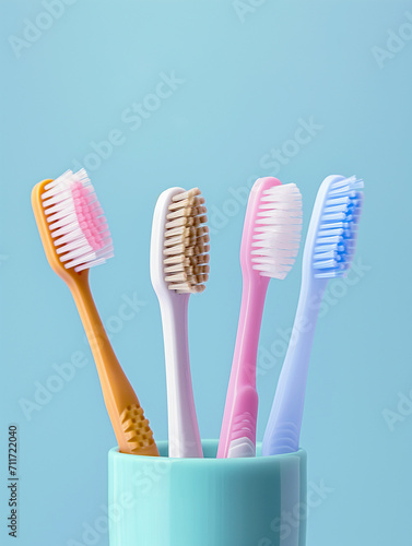 Variety of toothbrushes in a glass on a blue background. Healthy teeth concept.