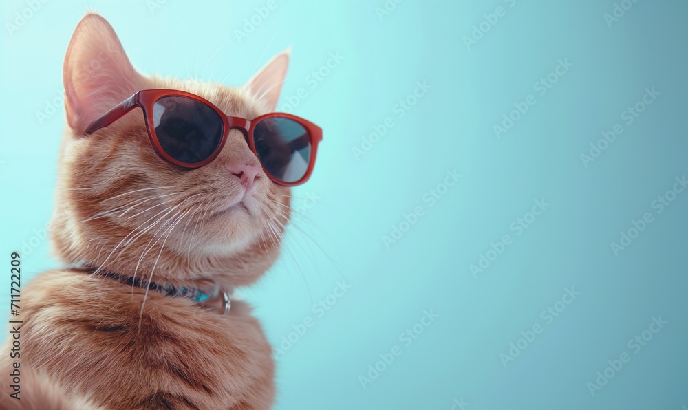 Ginger cat in sunglasses on a blue background with space for text.