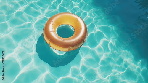 Golden lifebuoy floating in the pool
