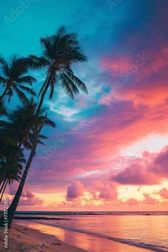 palm trees with clouds at sunset on the beach  in blue-pink colors