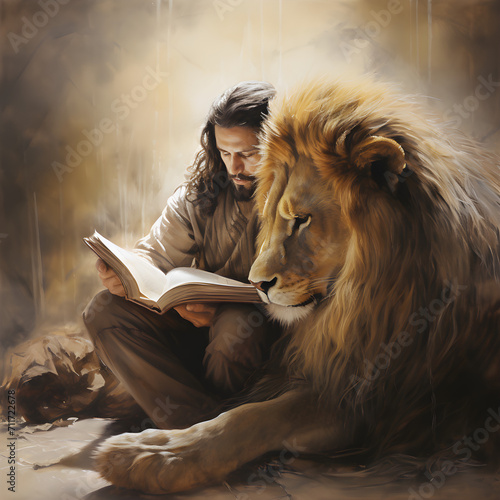 Daniel in the lions' den illustration from the bible. Old testament prophet Daniel sitting next to the lion photo