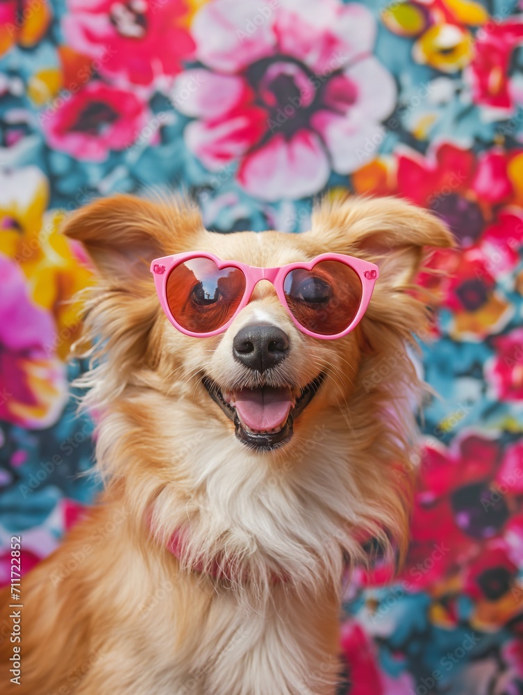 A very cute cheerful dog wearing pink heart-shaped glasses sits and looks straight into the camera. Lots of flowers around.