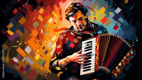Abstract and colorful illustration of a man playing accordion on a black background