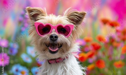 A very cute cheerful dog rejoices at the arrival of spring. A happy dog wearing pink heart-shaped glasses sits in the flowers. © Honey Bear