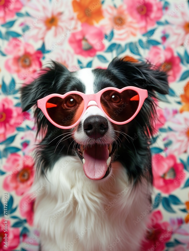 Fototapeta premium Black and white fluffy dog with an open mouth in a good mood. Dog wearing pink heart-shaped sunglasses on a background with red flowers.