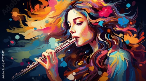 Abstract and colorful illustration of a woman playing flute on a black background photo