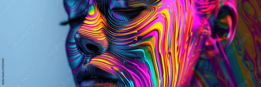 Pop Art Illustration of a Face show Colorful Data Visualization created by Lines of Rubber - A Rainbow colored Blurry Body in the Style of Metallic Textures created with Generative AI Technology