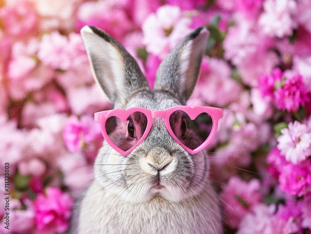 A gray rabbit in heart-shaped sunglasses sits against the backdrop of a blooming spring meadow.