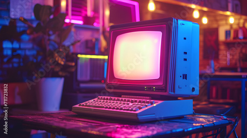 A vintage computer with a CRT monitor from the 80s or 90s, with neon colored lights giving it a retro and nostalgic vibe. photo