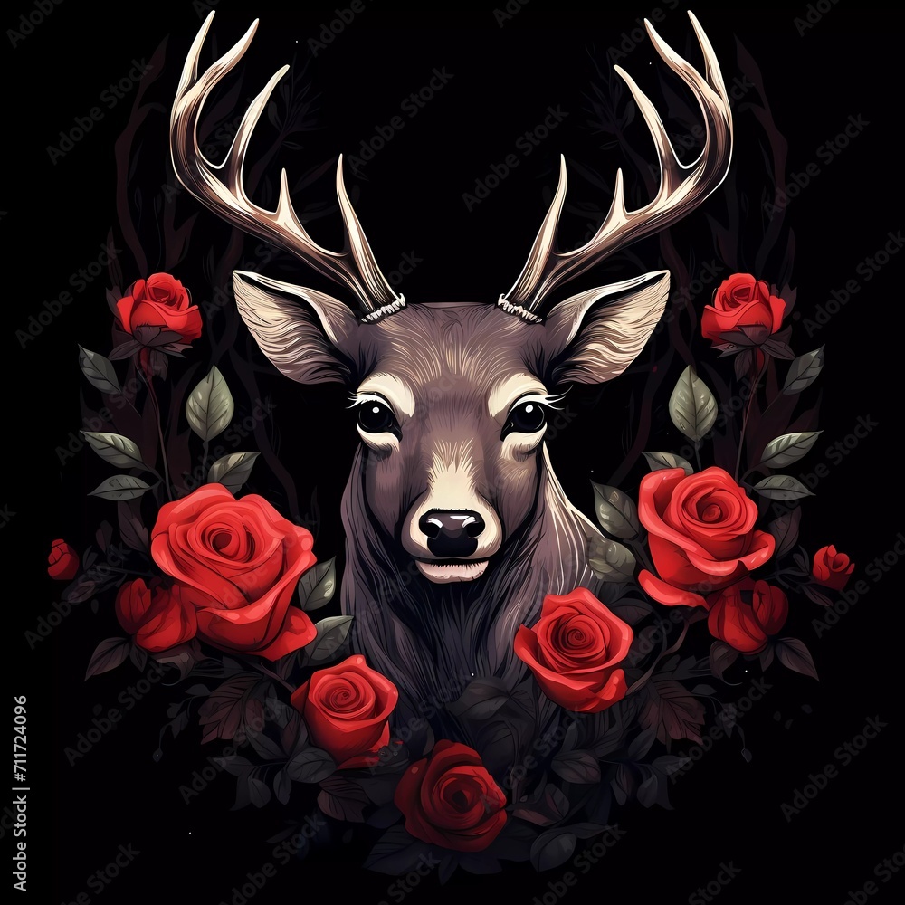 illustration of a deer with red roses on a black background. generative ai illustration of a deer with red roses on a black background. generative ai