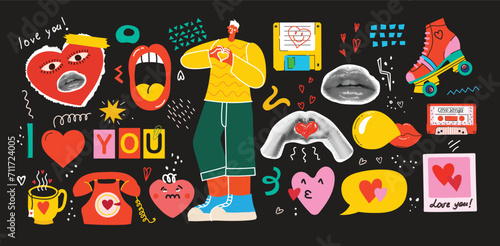 Set of stickers with halftone collage in contemporary punk grunge style for Valentine's day isolated on the background. Fun badges in retro style. Vector pictures of hearts, lips and other