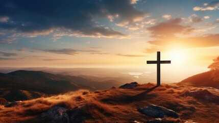 Silhouette jesus christ crucifix on cross on calvary sunset background concept for good friday he is risen in easter day, good friday jesus death on crucifix, world christian and holy spirit religious