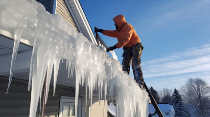 A male worker repairing the roof covering of a country house. Roofing company working on house roof in winter season doing ice removal or repair.