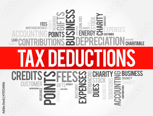 Tax Deductions - items you can subtract from your taxable income to lower the amount of taxes, word cloud concept background