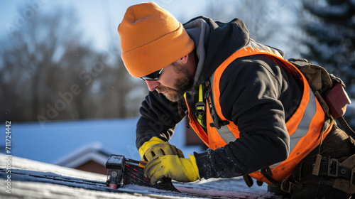 A male worker repairing the roof covering of a country house. Roofing company working on house roof in winter season doing ice removal or repair. photo