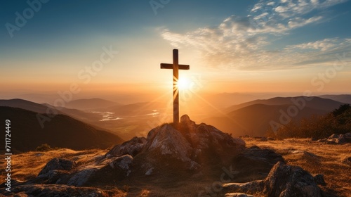 Silhouette jesus christ crucifix on cross on calvary sunset background concept for good friday he is risen in easter day  good friday jesus death on crucifix  world christian and holy spirit religious