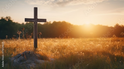 Fotografia Silhouette jesus christ crucifix on cross on calvary sunset background concept f