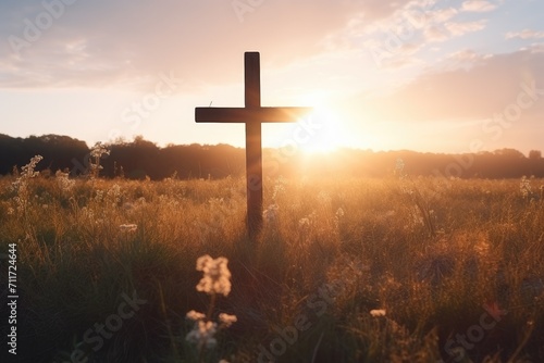 Silhouette jesus christ crucifix on cross on calvary sunset background concept for good friday he is risen in easter day, good friday jesus death on crucifix, world christian and holy spirit religious photo