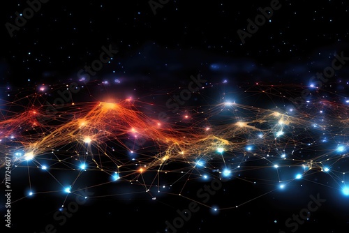 A visualization of a complex network of interstellar connections with nodes and pathways illuminated against the backdrop of deep space. 