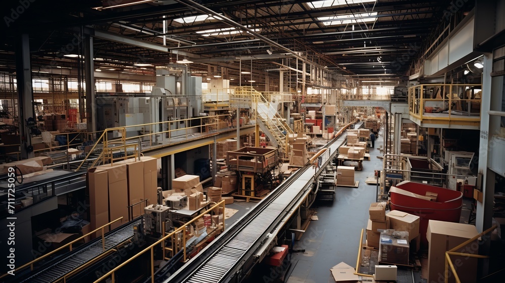 Efficient warehouse. Aerial view of a conveyor system for sorting goods in a sorting warehouse.