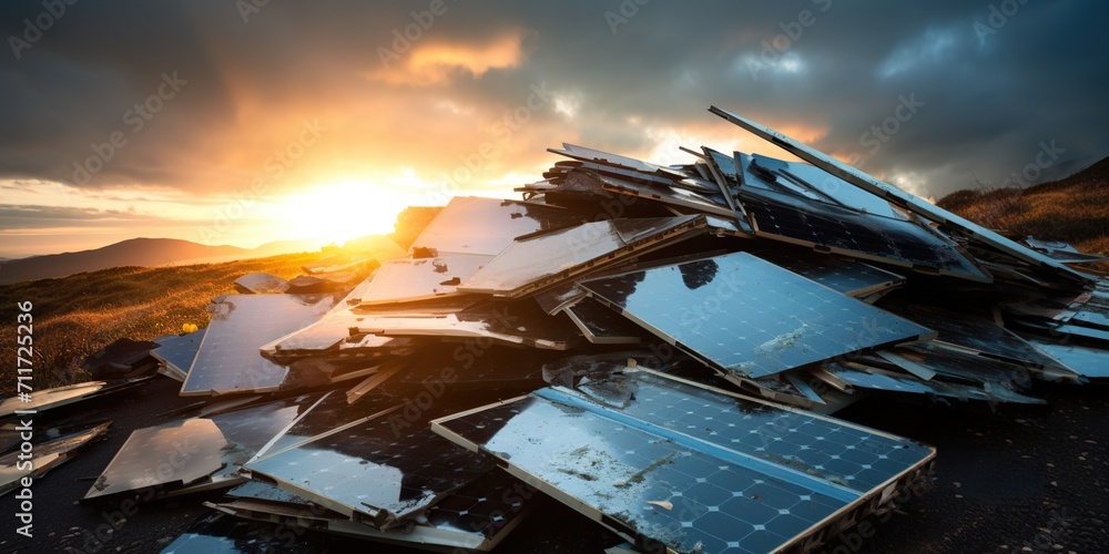 Heap of broken solar panels bathed in the light of the rising sun , concept of Renewable energy waste - obrazy, fototapety, plakaty 