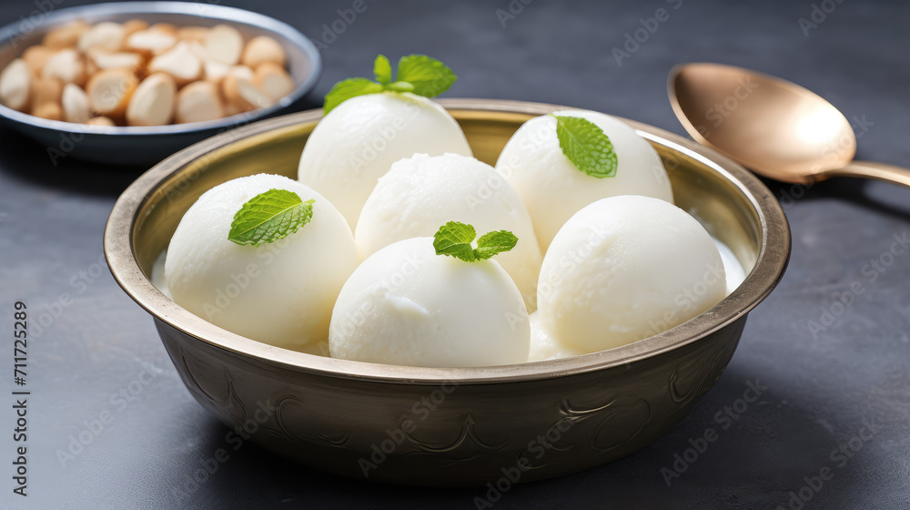 Close-up of a plate of Indian traditional sweet dessert rasgulla, bengali sweets. White Ball dumplings made of chhena dough cooked in a light sugar syrup. Close-up of a plate of Indian traditional sweet dessert rasgulla, bengali sweets. White Ball dumplings made of chhena dough cooked in a light sugar syrup.