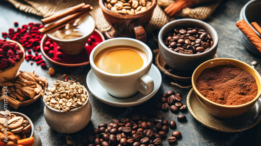 Immerse yourself in a tempting tableau of diverse coffee cups surrounded by an array of nuts and spices. A rich sensory experience captured in one image. Immerse yourself in a tempting tableau of diverse coffee cups surrounded by an array of nuts and spices. A rich sensory experience captured in one image.