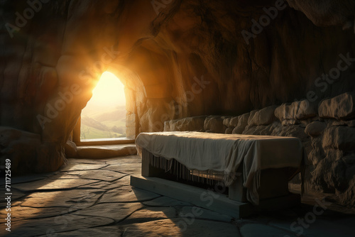 Empy tomb with shroud and crucifixion at sunrise - resurrection of Jesus Christ photo