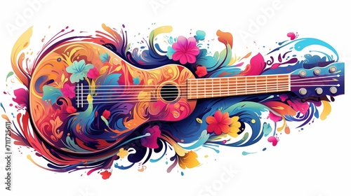 Abstract and colorful illustration of an ukulele surrounded by flowers on a white background