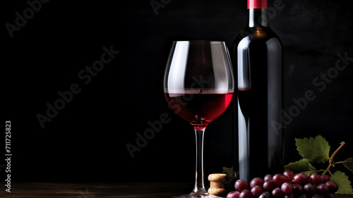 wine bottle, glass and red wine on dark background.
