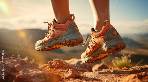 Close-up of female hiking boots against a background of wildlife, forest and rocks. Perfect shoes for hiking and traveling.