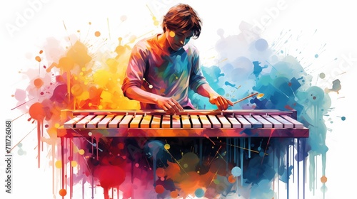 Abstract illustration of a boy playing xylophone on a colorful background photo