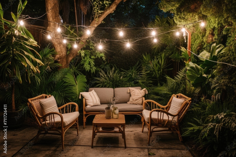 Simple patio furniture and string lights surrounded by greenery at night Simple patio furniture and string lights surrounded by greenery at night