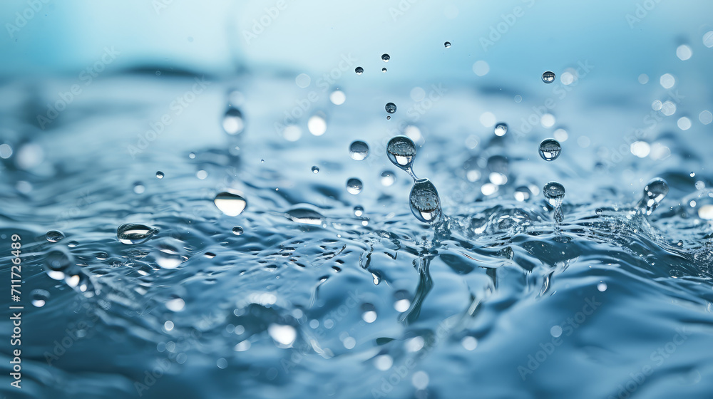 Close-up of the surface of clear crystal water with drops and splashes. Blue artesian water, benefits of clean water for the health, abstract hydration background, underwater. Close-up of the surface of clear crystal water with drops and splashes. Blue artesian water, benefits of clean water for the health, abstract hydration background, underwater.