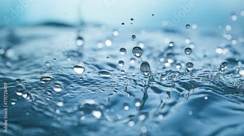 Close-up of the surface of clear crystal water with drops and splashes. Blue artesian water, benefits of clean water for the health, abstract hydration background, underwater.
