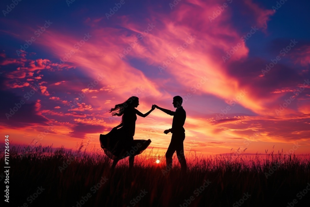 two people who are dancing at sunset, in the style of cute and dreamy