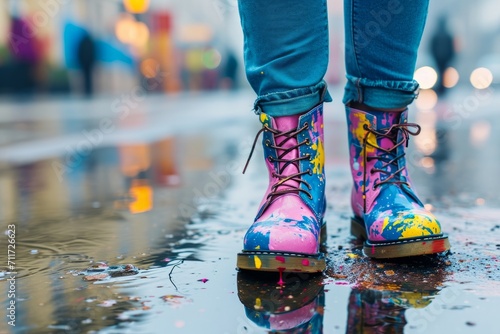Fashionable Rain Boots on Rainy Day. Fashionable rain boots stepping into a puddle, reflecting vibrant city lights.