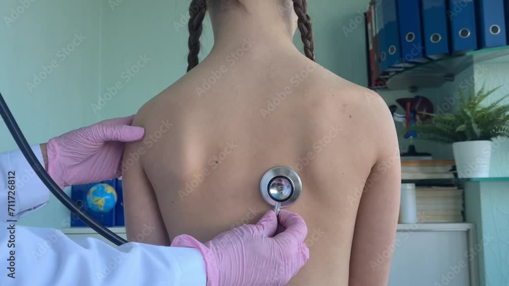 Little girl has lungs examined by doctor with stethoscope. Cough bronchitis or diagnosis of pneumonia Little girl has lungs examined by doctor with stethoscope. Cough bronchitis or diagnosis of pneumonia