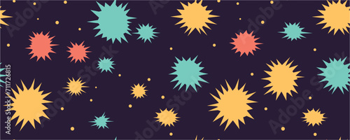 Bright Starry Pattern with Simple Childish Elements. Covid-19 global pandemic background. Excellent for fabric, scrapbooking, wallpaper projects. Bright summer print with exotic plants. Seamless.
