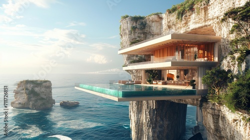 A cliffside retreat with cantilevered balconies, providing breathtaking views of the coastline, an architectural marvel in a natural setting. photo