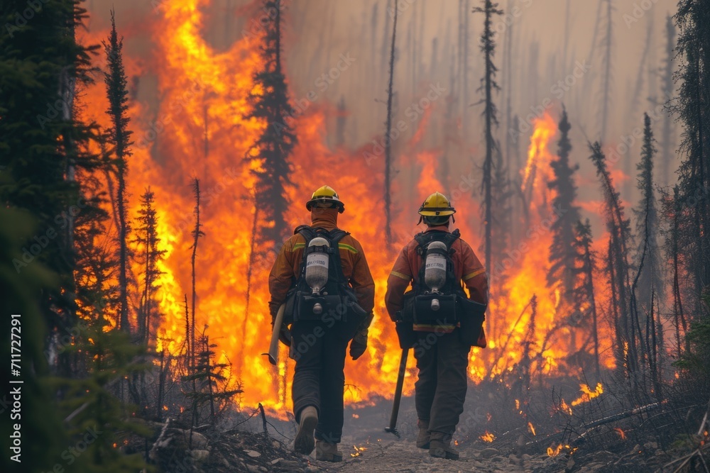 Teamwork of firefighters in the forest, elimination of tree fires in the reserve