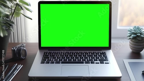 Green screen mockup of a modern computer or laptop. Optical zoom aiming at a computer or laptop screen photo