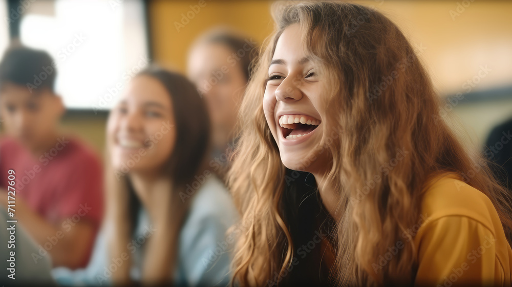 Happy European or American teenager girl laughing with friends in school. Happy childhood, friendly group of children in class. Teenage friendship and transition age.