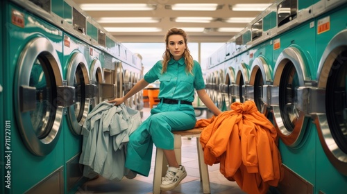 Woman is siting and waiting while washing clothes at laundry shop area photo